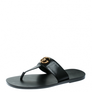 Pre Owned Gucci Black Leather GG Thong Slipper Sandals Size 42 