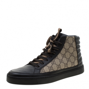 Pre Owned Gucci Black Leather And GG Supreme Canvas High-Top Sneakers Size 42.5