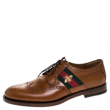 Pre Owned  Gucci Brown Leather Bee Web Detail Lace Up Brogue Oxfords Size 41.5