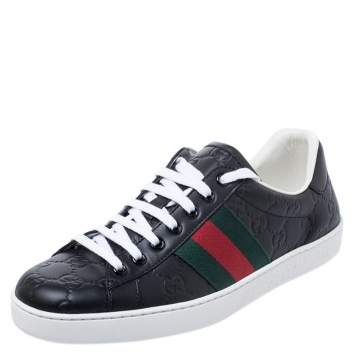 Pre Owned Gucci Black Guccissima Leather Web Detail Lace Up Sneakers Size 41.5