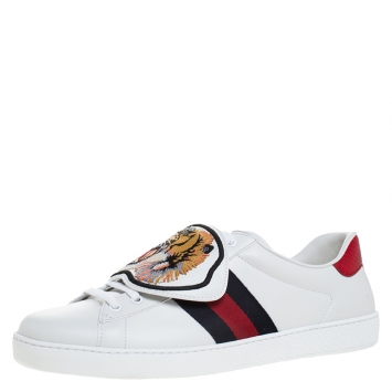 Pre Owned Gucci White Leather Ace Web Low Top Sneakers with Removable Patch Size 44.5 