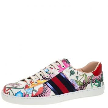 Pre Owned Gucci Multicolor Floral Snake Print Leather Ace Sneakers Size 42