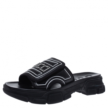 Pre Owned Gucci Black Leather Logo Slide Sandals Size 41