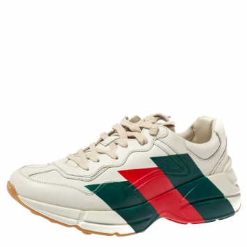 Pre Owned Gucci Cream Leather Web Rhyton Low Top Sneakers Size 42