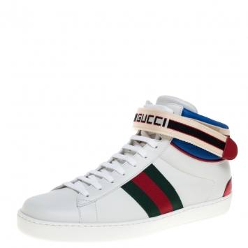 Pre Owned Gucci White Leather Stripe Ace High Top Sneakers Size 41