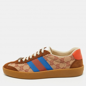 Pre Owned Gucci Brown/Beige GG Canvas and Suede Web G74 Sneakers Size 38.5