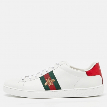 Pre Owned Gucci White Leather Web Detail Bee Embroidered Ace Low Top Sneakers Size 40
