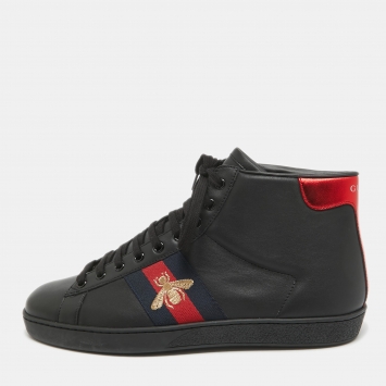 Pre Owned Gucci Black Leather Embroidered Bee Ace High Top Sneakers Size 42
