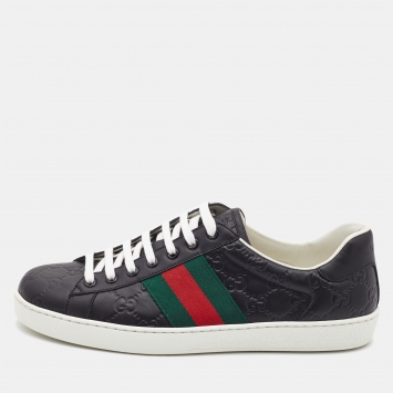 Pre Owned Gucci Black Guccissima Leather Web Detail Ace Sneakers Size 42.5