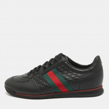 Pre Owned Gucci Black Guccissima Leather Web Detail Lace Up Sneakers Size 42.5
