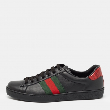 Pre Owned Gucci Black Leather Ace Web Low Top Sneakers Size 42.5