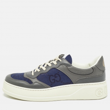Pre Owned Gucci Grey/Blue Leather GG Low Top Sneakers Size 44