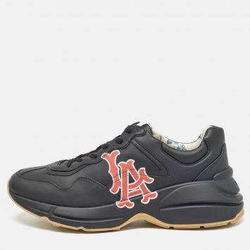 Pre Owned Gucci Black Leather LA Angels Rhyton Sneakers Size 44.5
