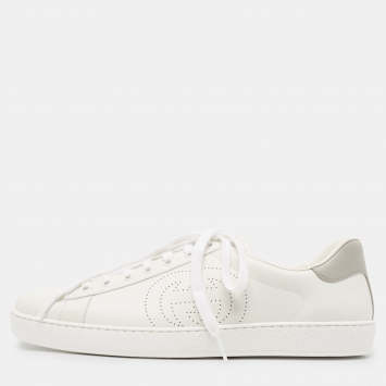 Pre Owned Gucci White Perforated Interlocking G Leather Ace Sneakers Size 44.5