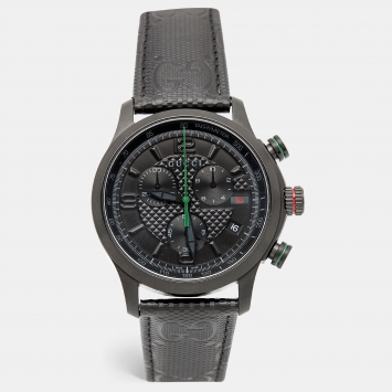 Pre Owned Gucci Black PVD Stainless Steel Leather G-Timeless YA126244 Men's Wristwatch 44 mm