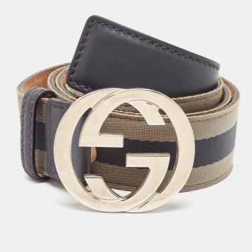 Pre Owned Gucci Dark Grey Web Canvas and Leather Interlocking G Buckle Belt 105CM