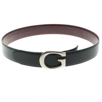 Pre Owned Gucci Black Leather Logo Buckle Belt 85CM