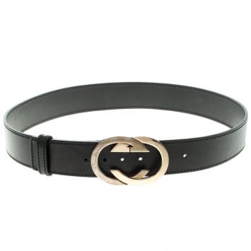 Pre Owned Gucci Black Leather Interlocking GG Belt 85 CM