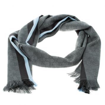 Pre Owned Gucci Grey Guccissima Wool and Silk Web Stripe Detail Fringed Edge Muffler