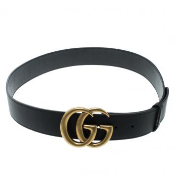 Pre Owned Gucci Black Leather Double G Buckle Belt 95 cm