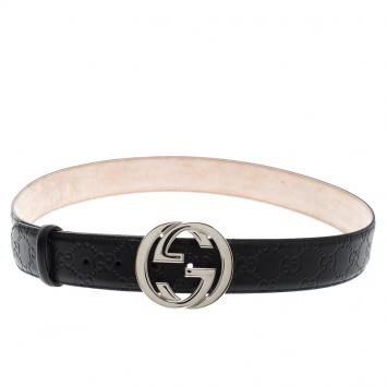 Pre Owned Gucci Black Guccissima Leather Interlocking GG Buckle Belt 105cm