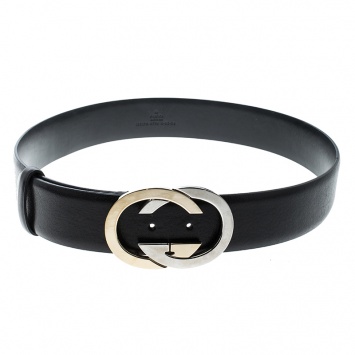 Pre Owned Gucci Black Leather Interlocking GG Belt 85cm