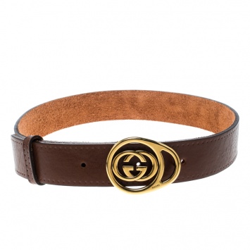 Pre Owned Gucci Brown Leather GG Interlocking Buckle Belt 85cm