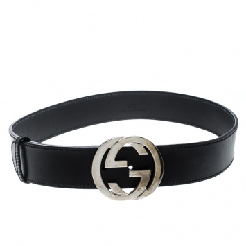 Pre Owned Gucci Black Leather Leather GG Interlocking Buckle Belt 80cm