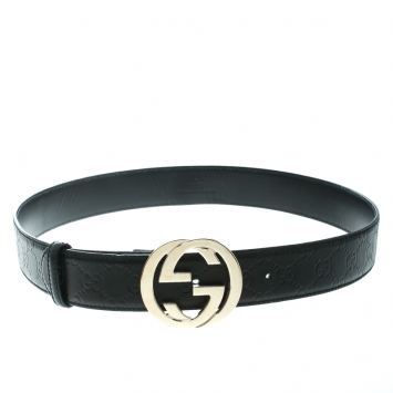 Pre Owned Gucci Black Guccissima Leather Interlocking GG Buckle Belt 95 CM