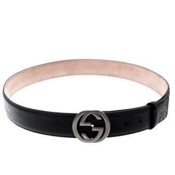 Pre Owned Gucci Black Python Interlocking GG Buckle Belt 105CM