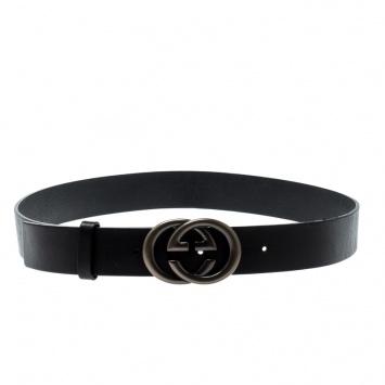 Pre Owned Gucci Black Leather Interlocking GG Buckle Belt 100CM
