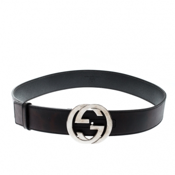 Pre Owned Gucci Black Leather Interlocking G Buckle Belt 90CM