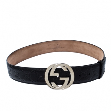 Pre Owned Gucci Black Guccissima Leather Interlocking G Belt 85CM
