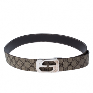 Pre Owned Gucci Brown/Beige GG Supreme Coated Canvas Interlocking G Reversible Belt 100CM