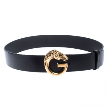 Pre Owned Gucci Black Leather Horse Head G Buckle Belt 80CM