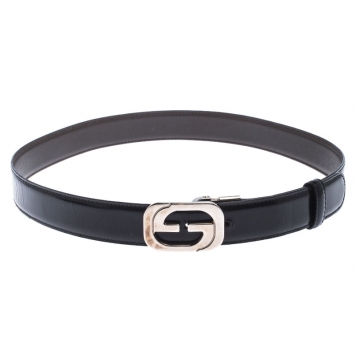 Pre Owned Gucci Black Leather Square G Reversible Belt Size 85CM