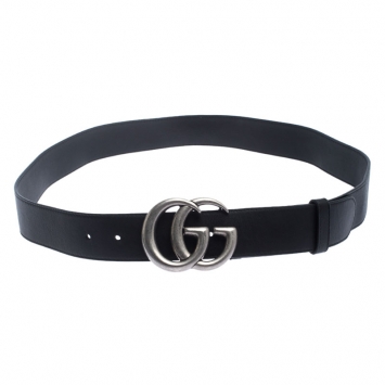 Pre Owned Gucci Black Leather Double G Buckle Belt 105 cm