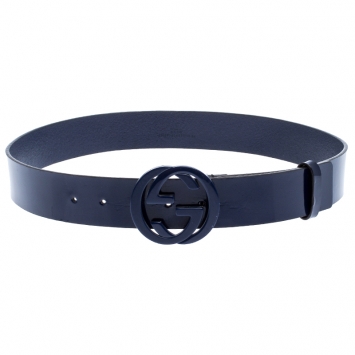 Pre Owned Gucci Navy Blue Patent Leather Interlocking G Buckle Belt 90CM