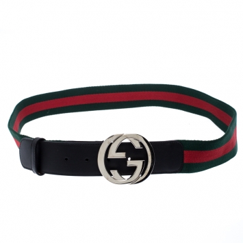 Pre Owned Gucci Black Web Fabric and Leather Interlocking GG Buckle Belt 110CM