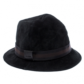 Pre Owned Gucci Black Web Trim Suede Fedora Hat Size S