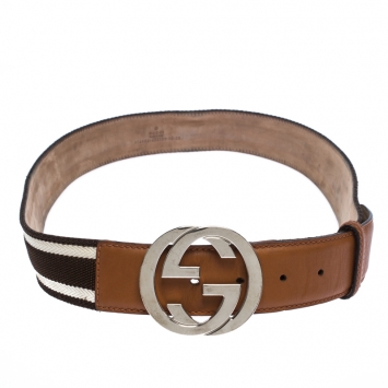 Pre Owned Gucci Brown/White Fabric and Leather GG Interlocking Belt Size 95CM