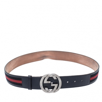 Pre Owned Gucci Navy Blue Web Fabric Interlocking G Buckle Belt 100CM