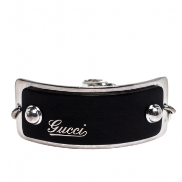 Pre Owned Gucci Logo Plaque Tag Silver Tone Chain Bracelet 19cm