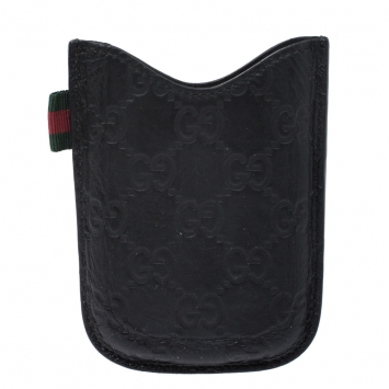 Pre Owned Gucci Black Guccissima Leather Web Phone Case