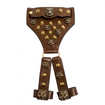Pre Owned Gucci Feline Head Studded Brown Leather Gold Tone Hand Harness Finger Ring Cuff Bracelet L