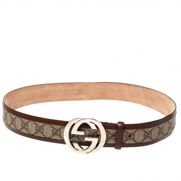 Pre Owned Gucci Brown/Beige GG Supreme Canvas and Leather Interlocking G Buckle Belt 95CM