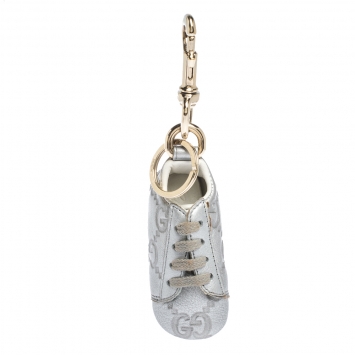 Pre Owned Gucci Metallic Silver Guccissima Leather Bag Charm & Key Holder