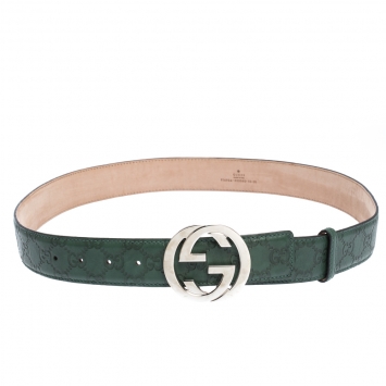 Pre Owned Gucci Green Guccissima Leather Interlocking G Buckle Belt 95CM