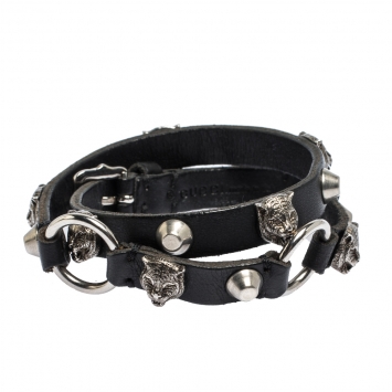 Pre Owned Gucci Aged Silver Tone Feline Head Studded Leather Choker