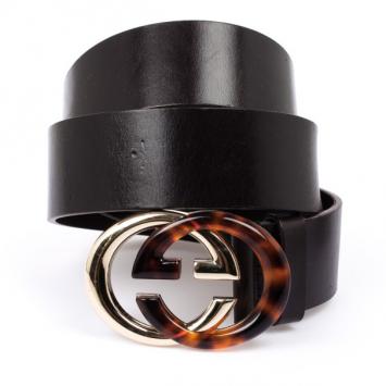 Pre Owned Gucci Black Leather Interlocking G Buckle Belt
